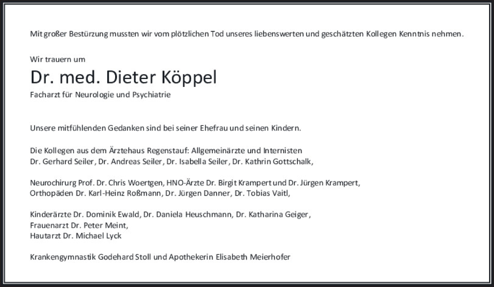  Traueranzeige für Dr. med. Dieter Köppel vom 24.06.2023 aus Mittelbayerische Zeitung Regensburg