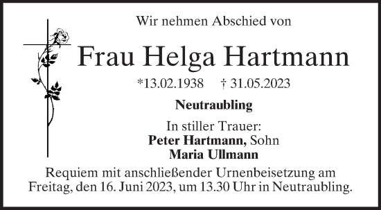 Traueranzeige von Helga Hartmann von Mittelbayerische Zeitung Regensburg