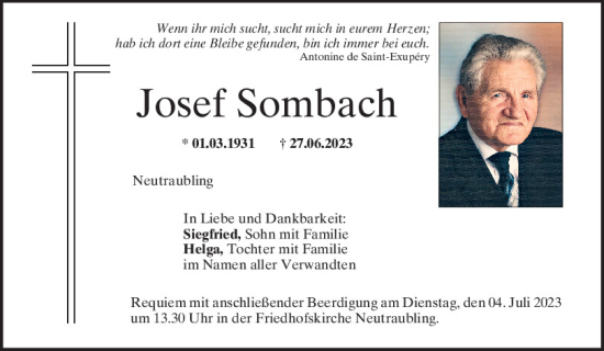 Traueranzeige von Josef Sombach von Mittelbayerische Zeitung Regensburg