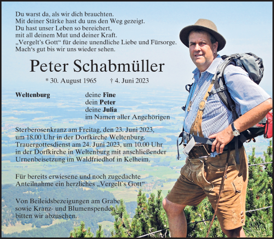 Traueranzeige von Peter Schabmüller von Mittelbayerische Zeitung Kelheim