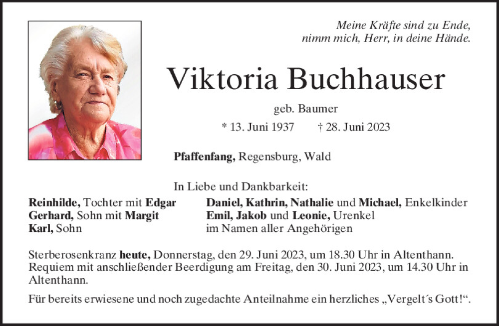  Traueranzeige für Viktoria Buchhauser vom 29.06.2023 aus Mittelbayerische Zeitung Regensburg