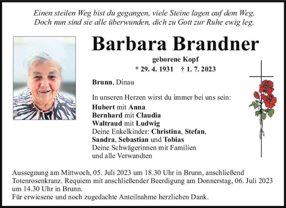  Traueranzeige für Barbara Brandner vom 04.07.2023 aus Mittelbayerische Zeitung Regensburg