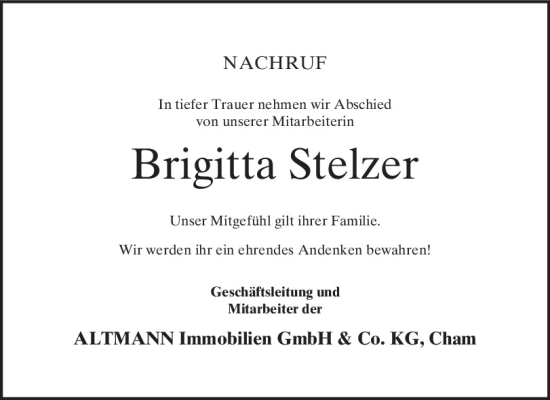 Traueranzeige von Brigitta Stelzer von Bayerwald Echo