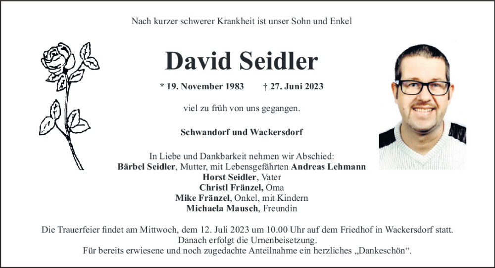  Traueranzeige für David Seidler vom 05.07.2023 aus Mittelbayerische Zeitung Schwandorf