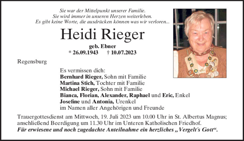  Traueranzeige für Heidi Rieger vom 15.07.2023 aus Mittelbayerische Zeitung Regensburg