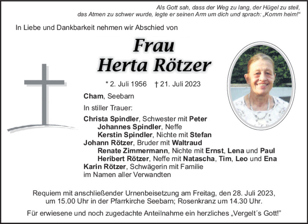  Traueranzeige für Herta Rötzer vom 27.07.2023 aus Mittelbayerische Zeitung Schwandorf