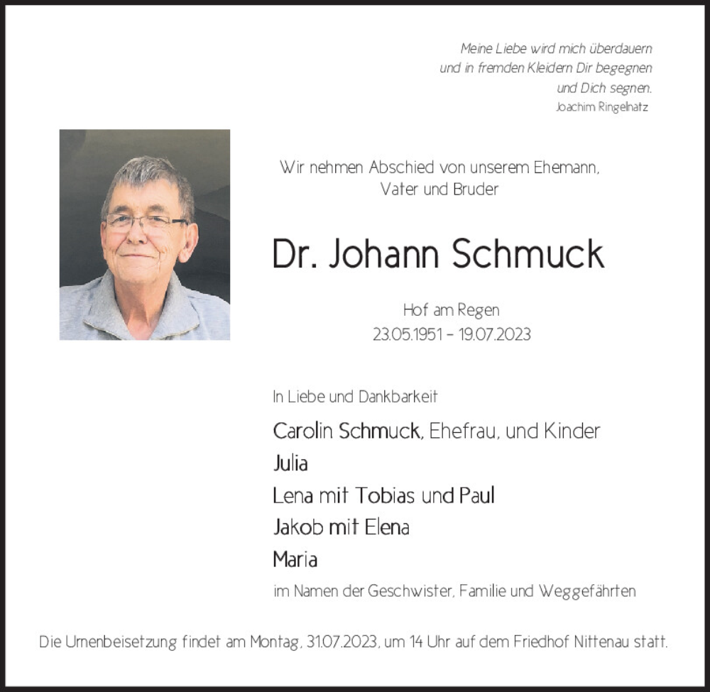  Traueranzeige für Dr. Johann Schmuck vom 26.07.2023 aus Mittelbayerische Zeitung Schwandorf