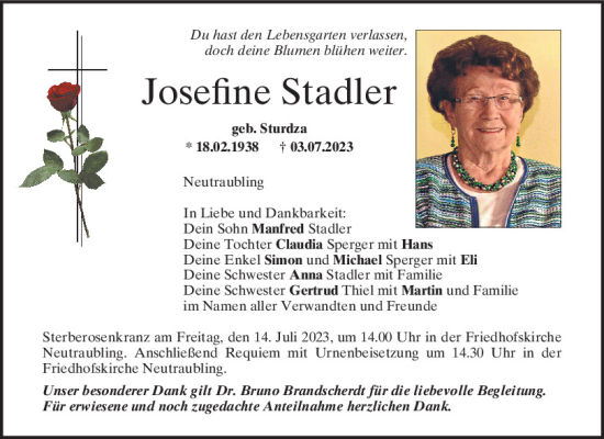 Traueranzeige von Josefine Stadler von Mittelbayerische Zeitung Regensburg