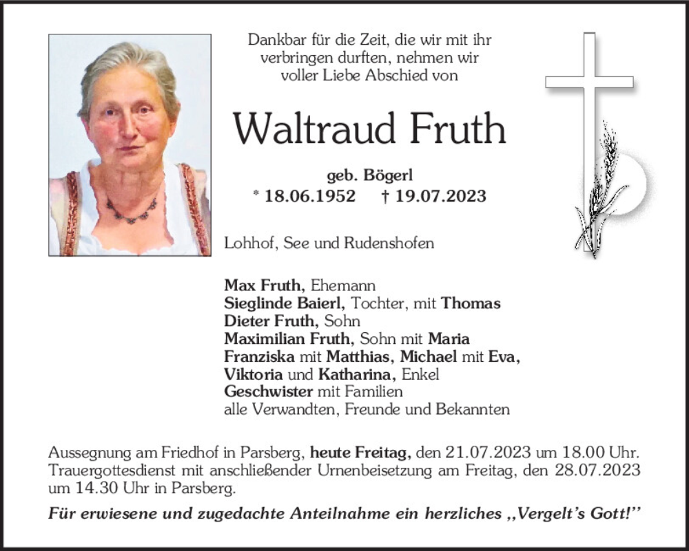  Traueranzeige für Waltraud Fruth vom 21.07.2023 aus Neumarkter Tagblatt