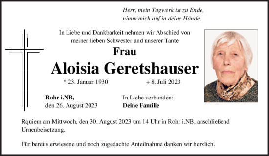 Traueranzeigen von Aloisia Geretshauser | Mittelbayerische Trauer