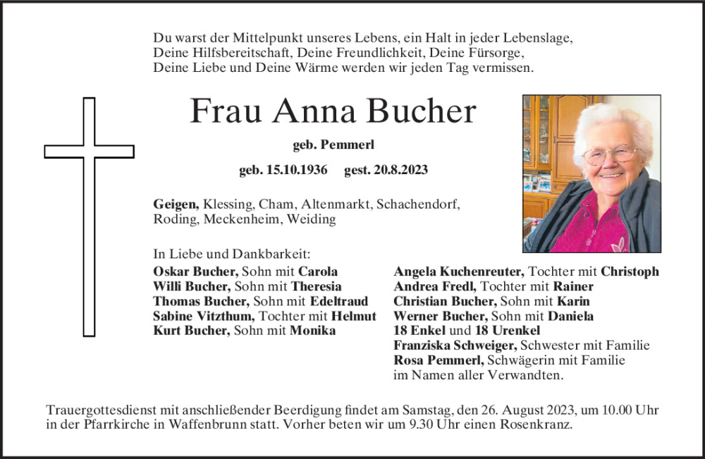  Traueranzeige für Anna Bucher vom 24.08.2023 aus Bayerwald Echo