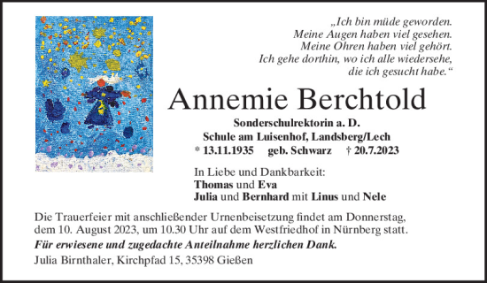 Traueranzeige von Annemie Berchtold von Mittelbayerische Zeitung Schwandorf