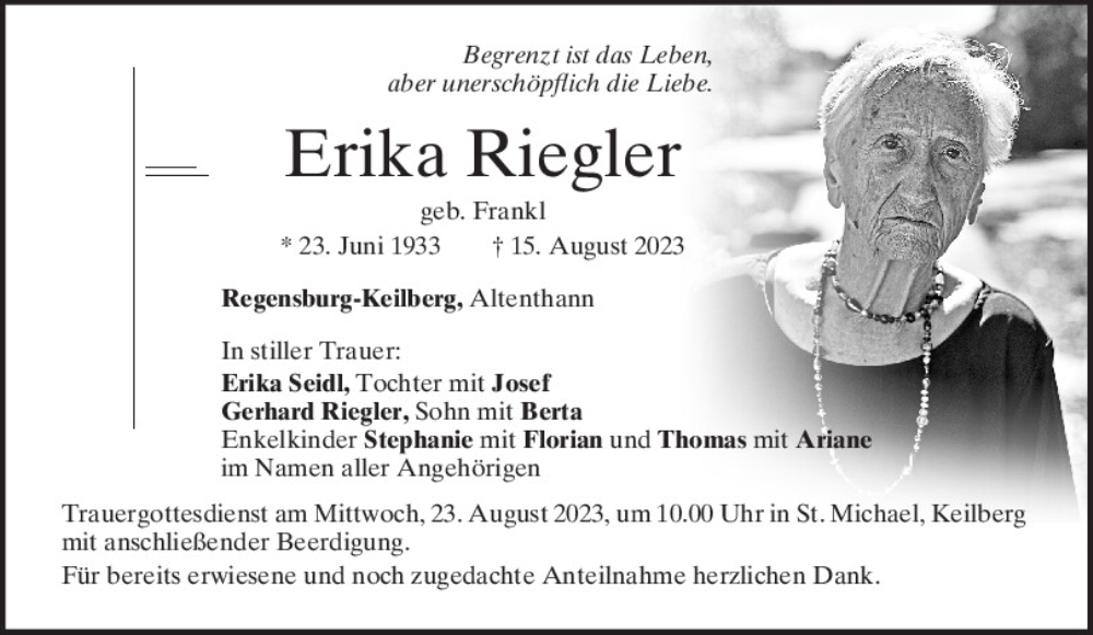  Traueranzeige für Erika Riegler vom 19.08.2023 aus Mittelbayerische Zeitung Regensburg