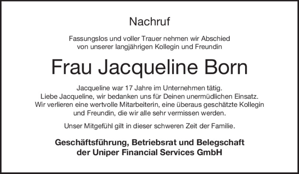  Traueranzeige für Jacqueline Born vom 12.08.2023 aus Mittelbayerische Zeitung Regensburg