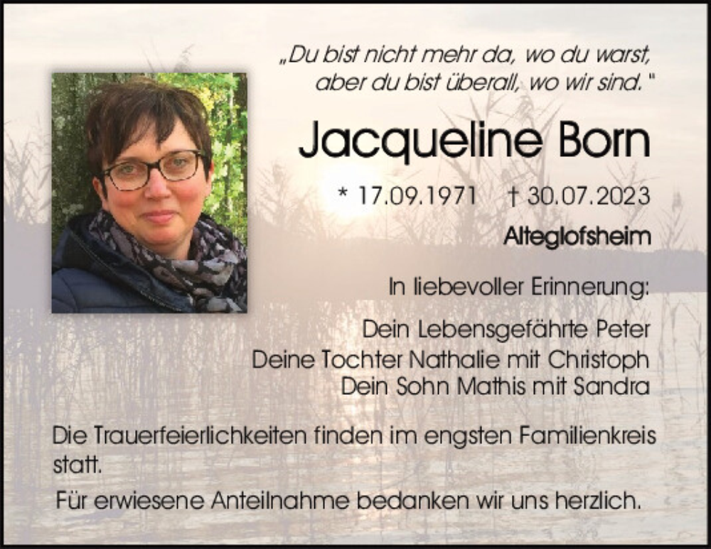  Traueranzeige für Jacqueline Born vom 12.08.2023 aus Mittelbayerische Zeitung Regensburg