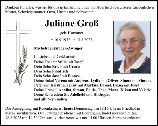 Traueranzeigen von Juliane Groß | Mittelbayerische Trauer