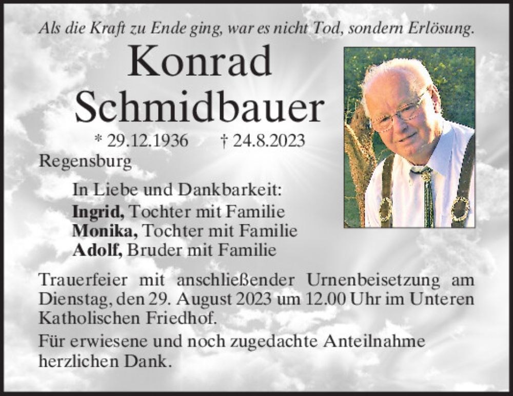 Traueranzeigen Von Konrad Schmidbauer | Mittelbayerische Trauer