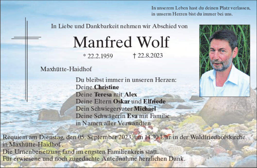  Traueranzeige für Manfred Wolf vom 01.09.2023 aus Mittelbayerische Zeitung Schwandorf