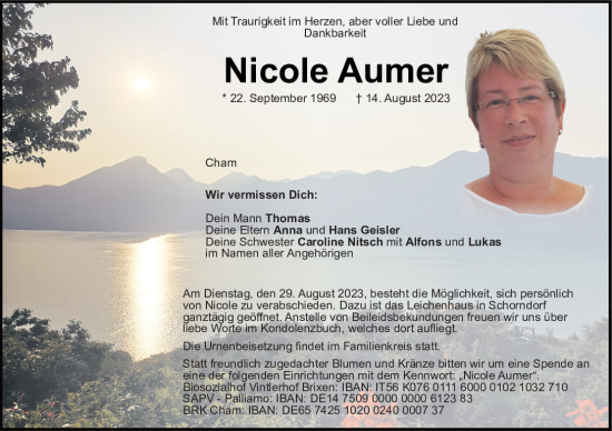 Traueranzeige von Nicole Aumer von Bayerwald Echo