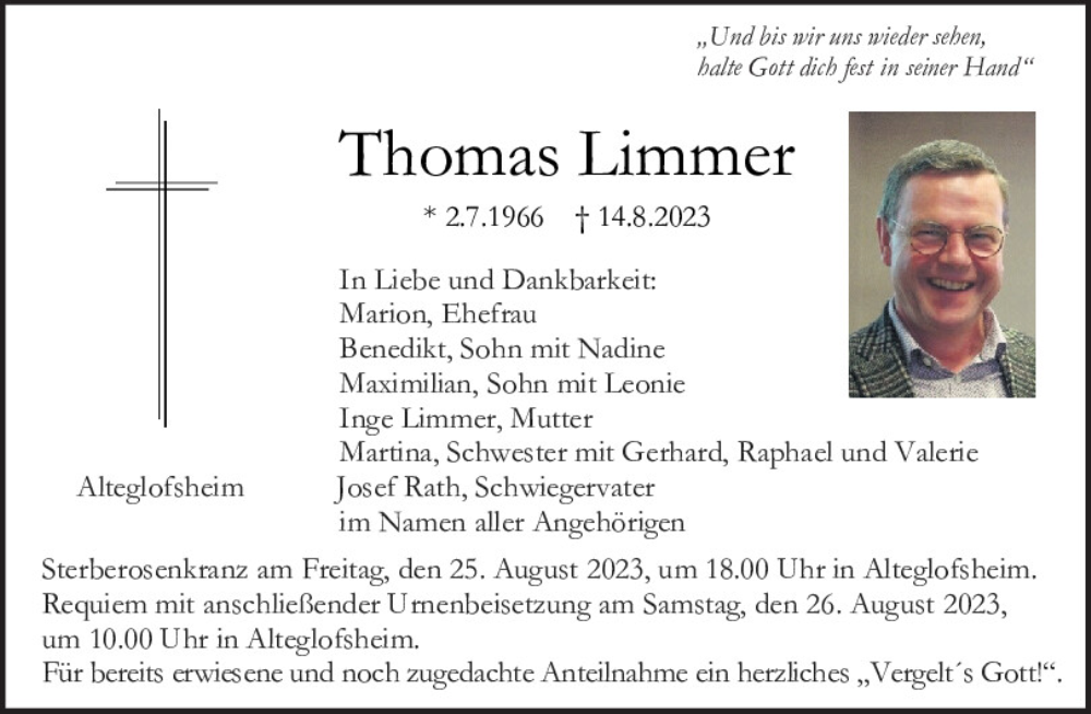  Traueranzeige für Thomas Limmer vom 19.08.2023 aus Mittelbayerische Zeitung Regensburg