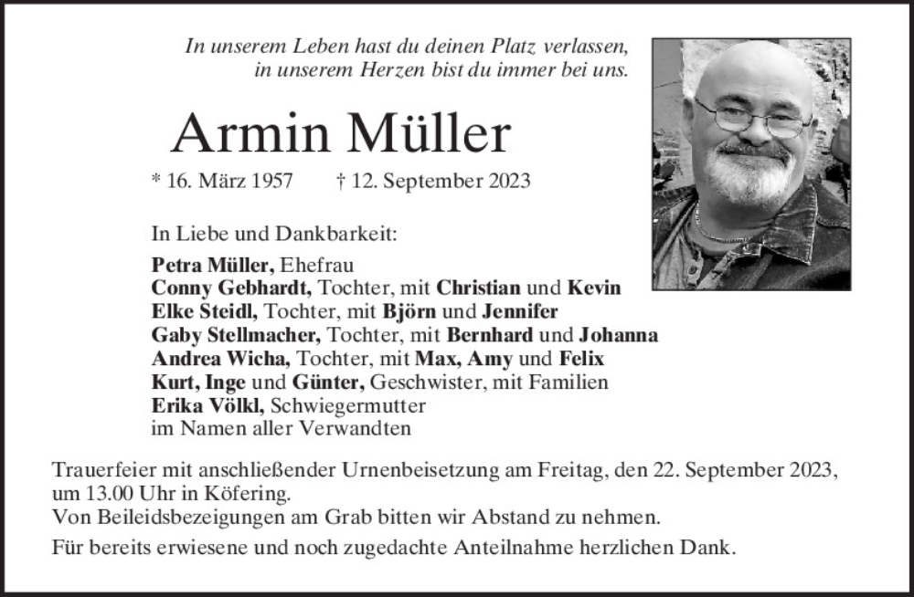  Traueranzeige für Armin Müller vom 20.09.2023 aus Mittelbayerische Zeitung Regensburg