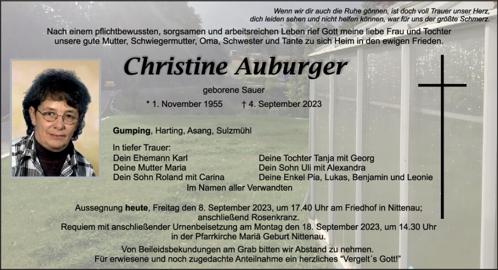  Traueranzeige für Christine Auburger vom 08.09.2023 aus Mittelbayerische Zeitung Regensburg