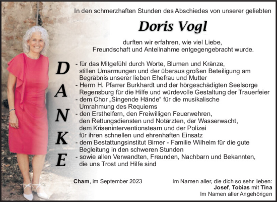 Traueranzeige von Doris Vogl von Bayerwald Echo