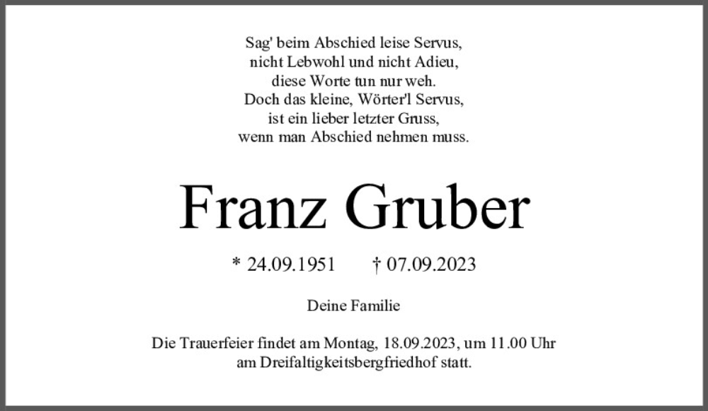  Traueranzeige für Franz Gruber vom 13.09.2023 aus Mittelbayerische Zeitung Regensburg