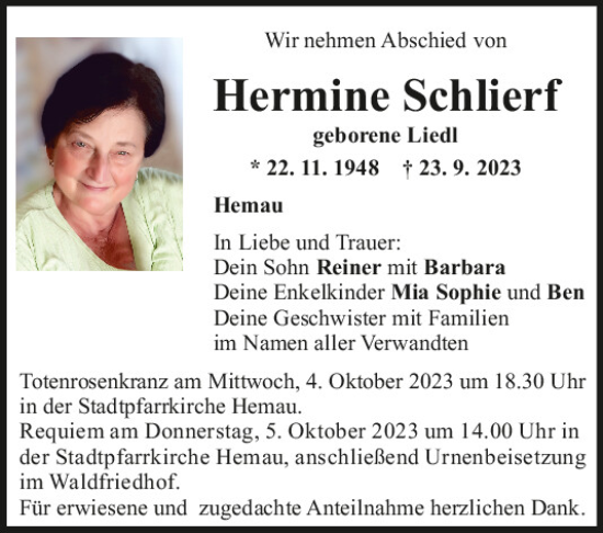 Traueranzeigen von Hermine Schlierf | Mittelbayerische Trauer