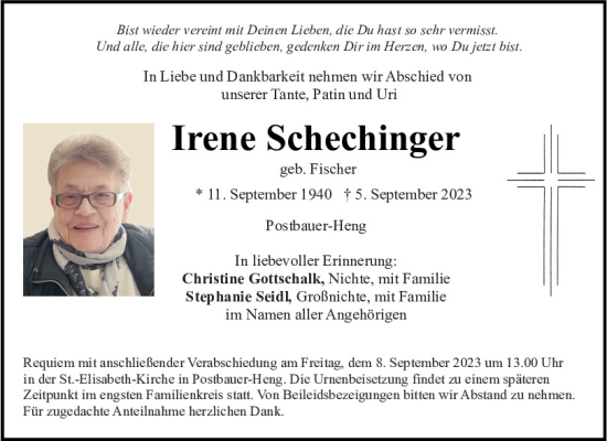 Traueranzeigen von Irene Schechinger | Mittelbayerische Trauer