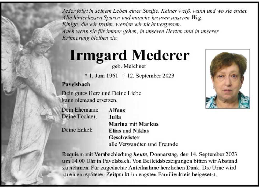  Traueranzeige für Irmgard Mederer vom 14.09.2023 aus Neumarkter Tagblatt