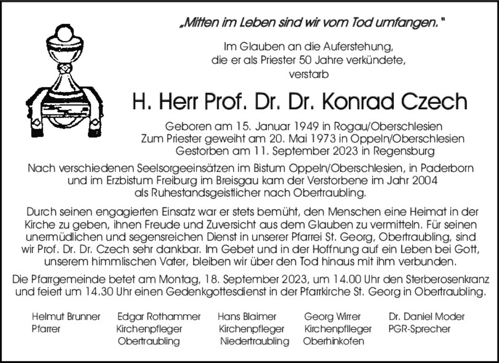  Traueranzeige für Konrad Czech vom 16.09.2023 aus Mittelbayerische Zeitung Regensburg