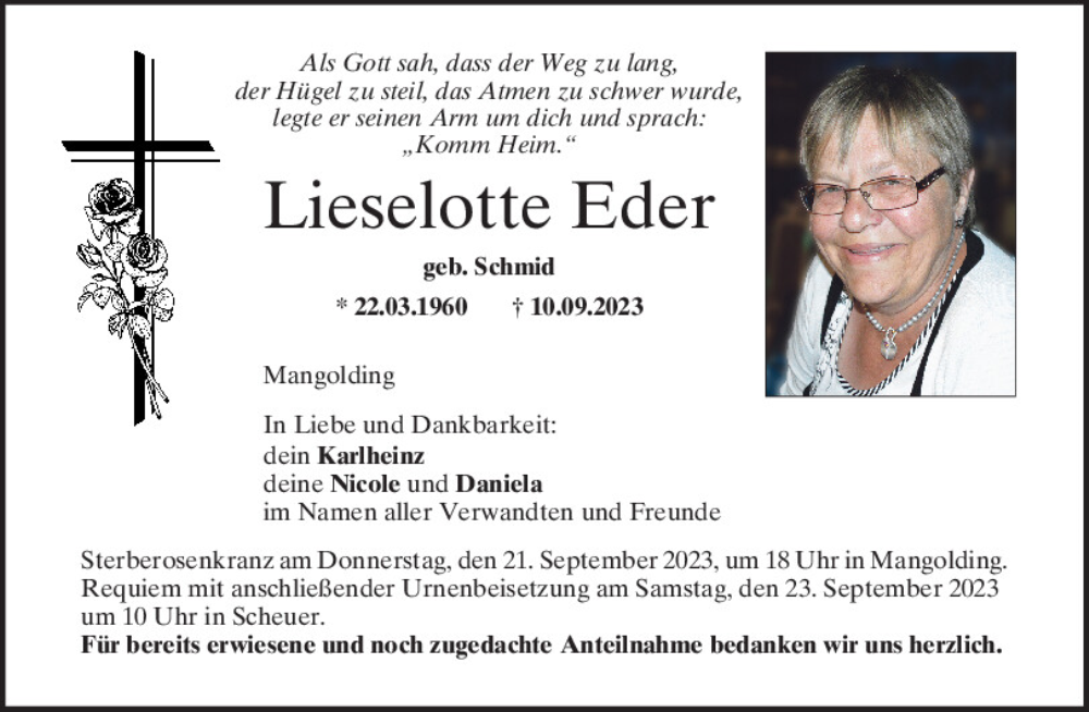  Traueranzeige für Lieselotte Eder vom 20.09.2023 aus Mittelbayerische Zeitung Regensburg