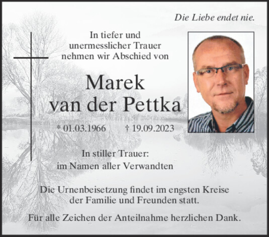 Traueranzeigen Von Marek Van Der Pettka | Mittelbayerische Trauer