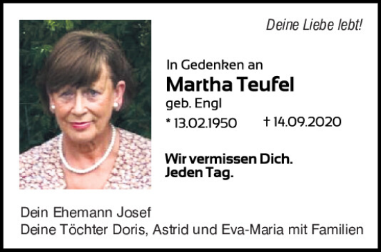 Traueranzeige von Martha Teufel von Mittelbayerische Zeitung Regensburg