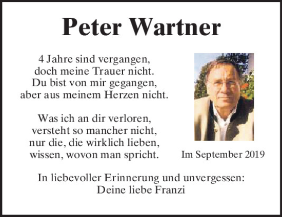 Traueranzeige von Peter Wartner von Mittelbayerische Zeitung Regensburg