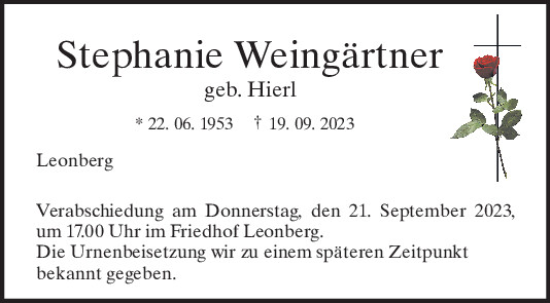 Traueranzeige von Stephanie Weingärtner von Mittelbayerische Zeitung Schwandorf