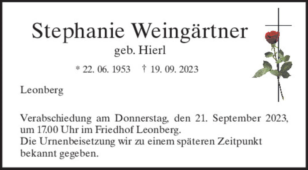  Traueranzeige für Stephanie Weingärtner vom 20.09.2023 aus Mittelbayerische Zeitung Schwandorf