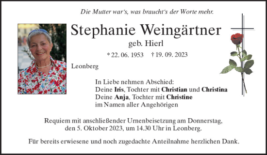 Traueranzeige von Stephanie Weingärtner von Mittelbayerische Zeitung Schwandorf