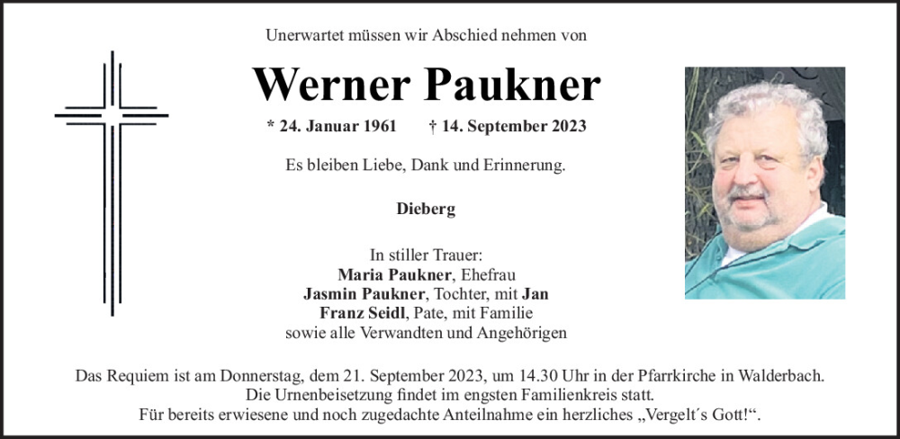  Traueranzeige für Werner Paukner vom 19.09.2023 aus Bayerwald Echo