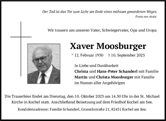 Traueranzeige von Xaver Moosburger von Neumarkter Tagblatt