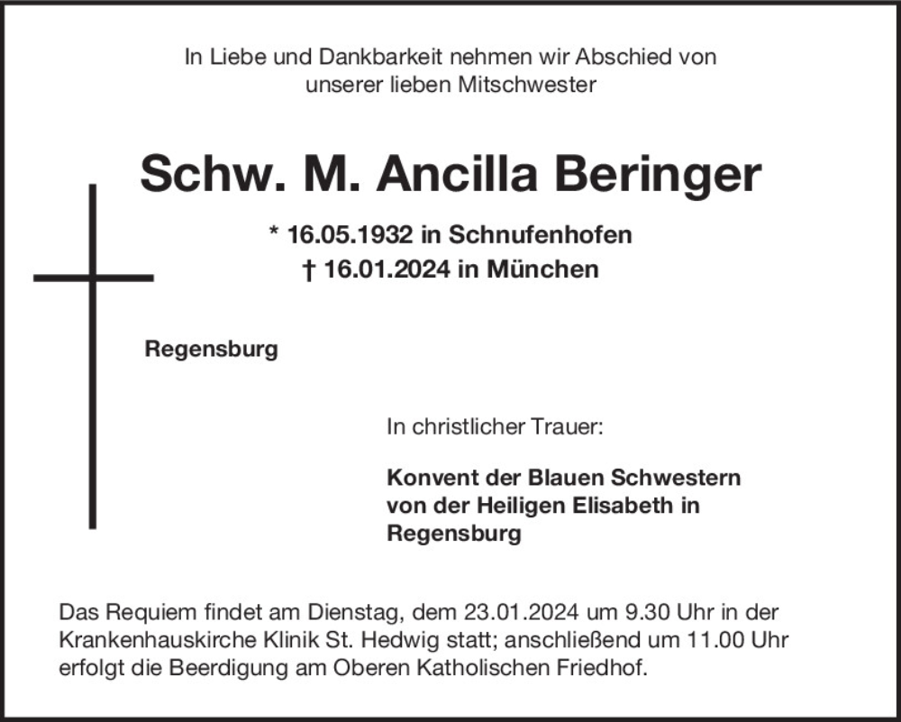  Traueranzeige für Ancilla Beringer vom 20.01.2024 aus Mittelbayerische Zeitung Regensburg