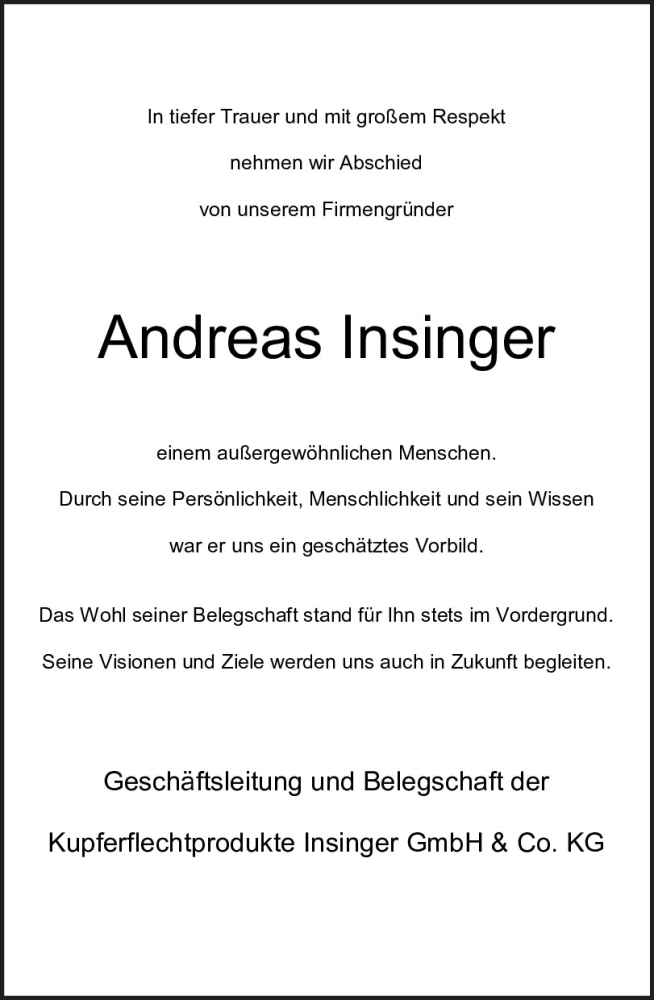  Traueranzeige für Andreas Insinger vom 27.01.2024 aus Mittelbayerische Zeitung Gesamtausgabe