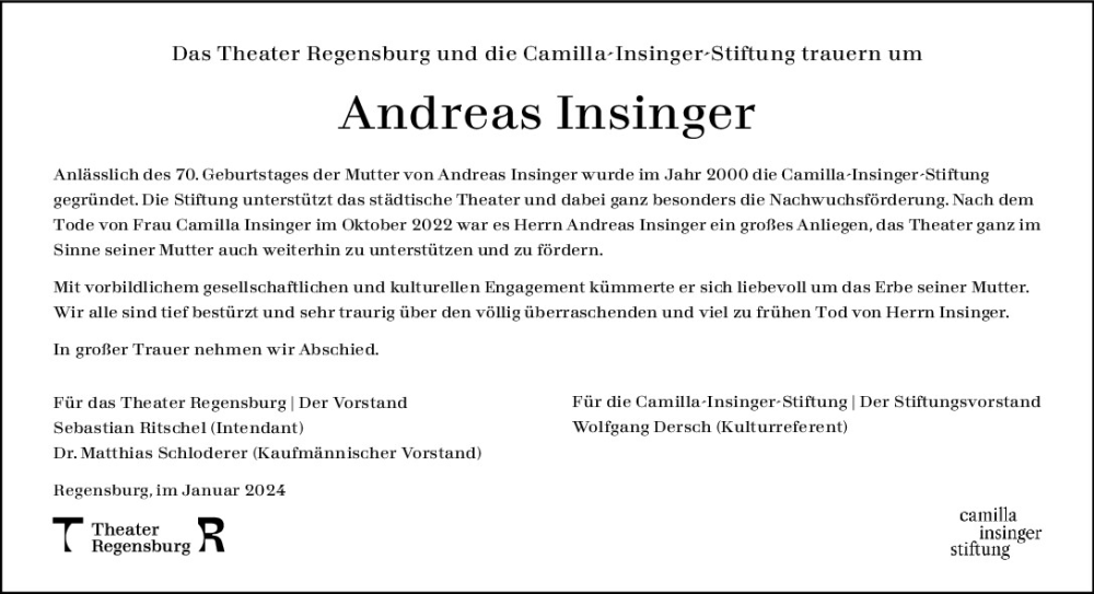  Traueranzeige für Andreas Insinger vom 27.01.2024 aus Mittelbayerische Zeitung Regensburg