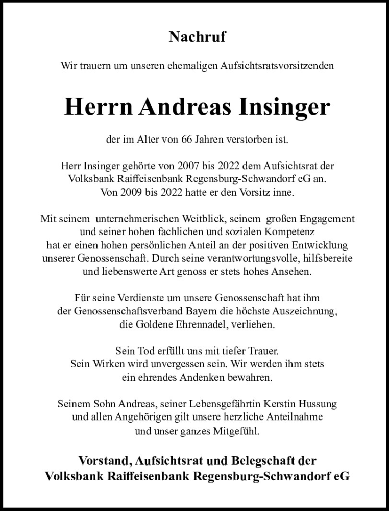  Traueranzeige für Andreas Insinger vom 27.01.2024 aus Mittelbayerische Zeitung Schwandorf