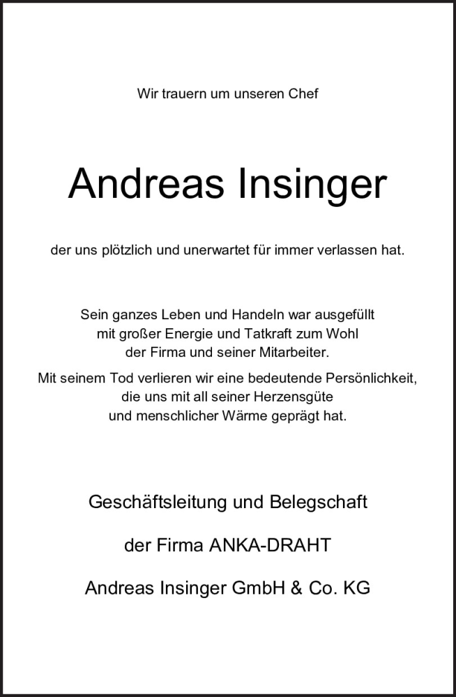  Traueranzeige für Andreas Insinger vom 27.01.2024 aus Mittelbayerische Zeitung Gesamtausgabe