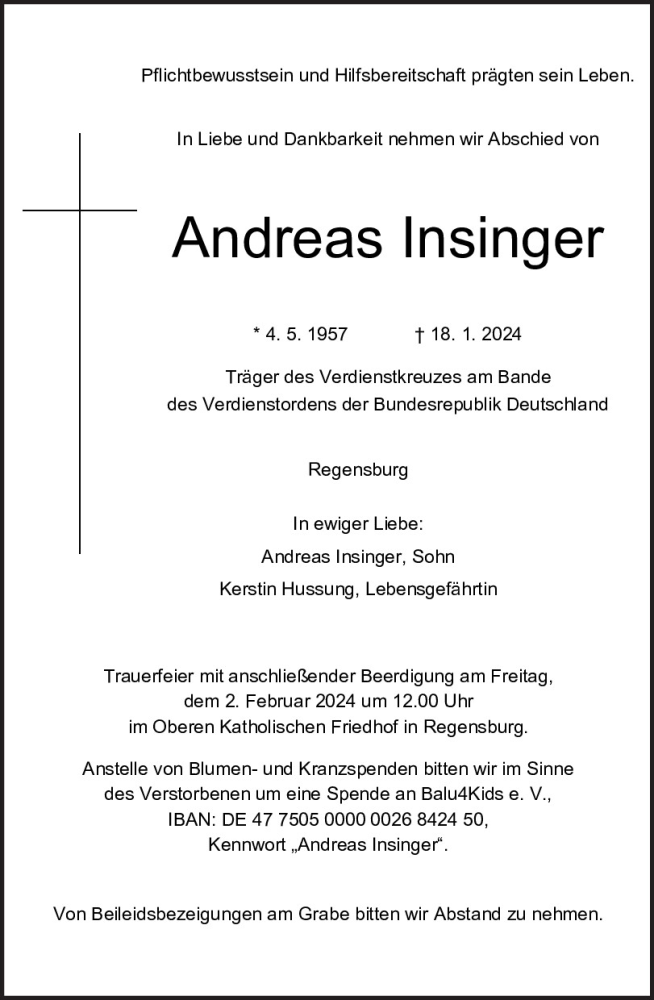  Traueranzeige für Andreas Insinger vom 27.01.2024 aus Mittelbayerische Zeitung Gesamtausgabe