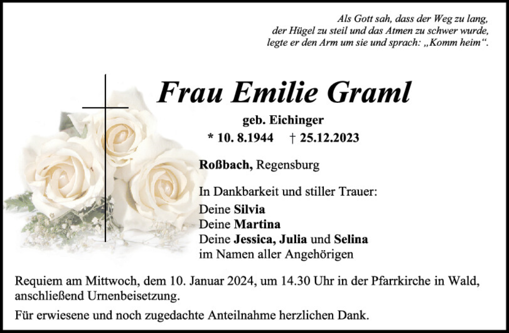  Traueranzeige für Emilie Graml vom 06.01.2024 aus Mittelbayerische Zeitung Regensburg