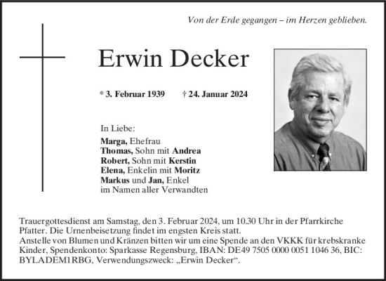 Traueranzeigen von Erwin Decker | Mittelbayerische Trauer