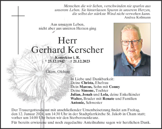 Traueranzeige von Gerhard Kerscher von Bayerwald Echo